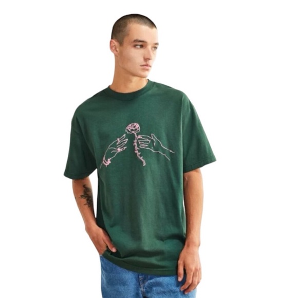 Division of Labor Men's Green and Pink Rose Tee - Picture 2 of 4